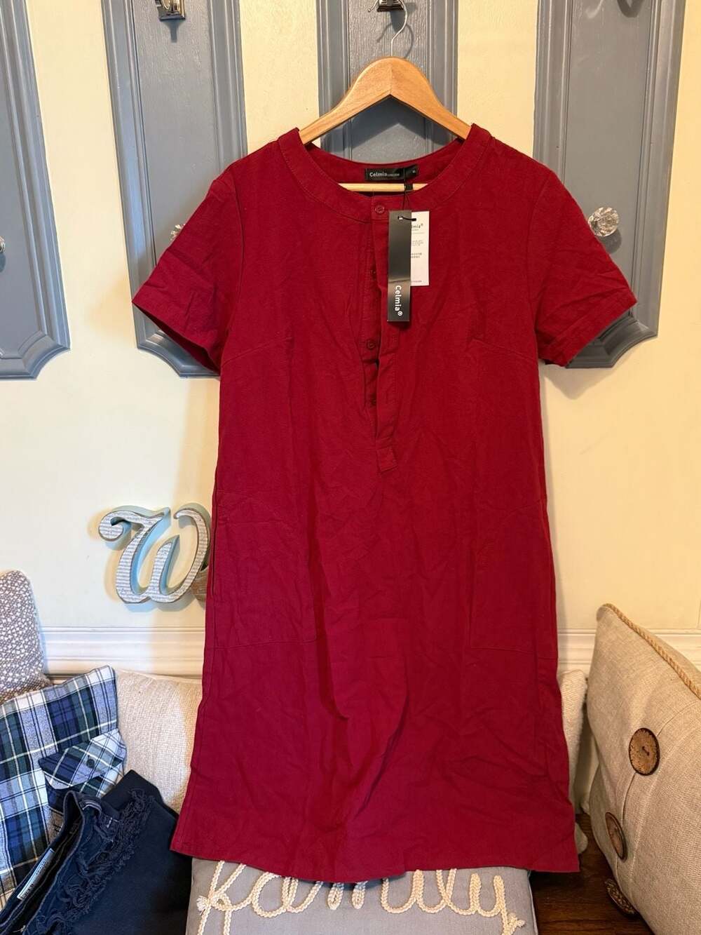 Celmia Women's Round Neck Short Sleeve Button-Front Shirt Dress with Pockets